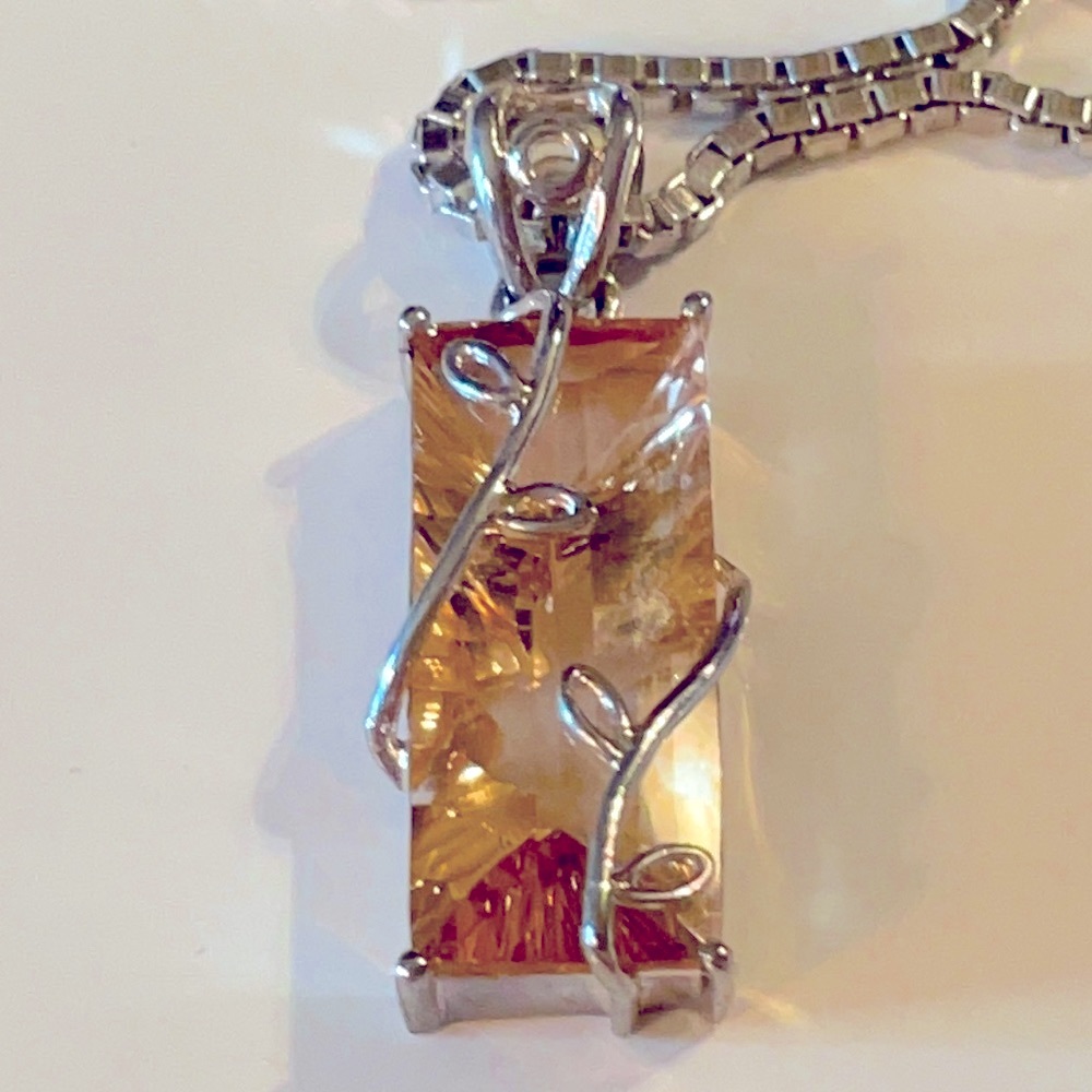 STERLING Silver BLOCK 16” CHAIN w TOPAZ 1.50” GEM PENDANT
